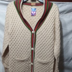 POL Cream Textured Cardigan with Red and Green Trim